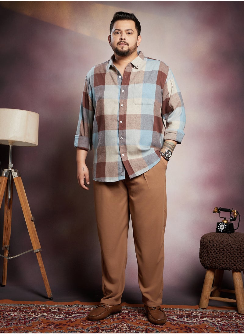 Instafab Plus Instafab Plus Men's Brown & Blue Buffalo-Block Regular Shirt For Casual Wear | Spread Collar | Long Cuffed Sleeves | Button Closure | Plus Size Shirt Crafted With Comfort Fit For Everyday Wear  - Image 5