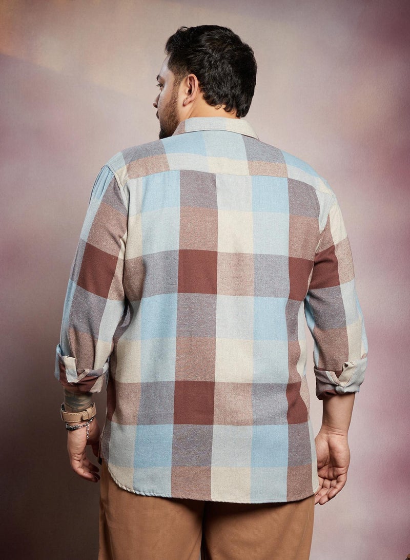 Instafab Plus Men's Brown & Blue Buffalo-Block Regular Shirt For Casual Wear | Spread Collar | Long Cuffed Sleeves | Button Closure | Plus Size Shirt Crafted With Comfort Fit For Everyday Wear