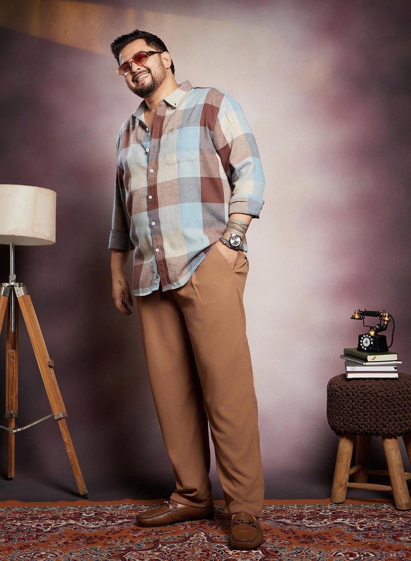 Instafab Plus Men's Brown & Blue Buffalo-Block Regular Shirt For Casual Wear | Spread Collar | Long Cuffed Sleeves | Button Closure | Plus Size Shirt Crafted With Comfort Fit For Everyday Wear
