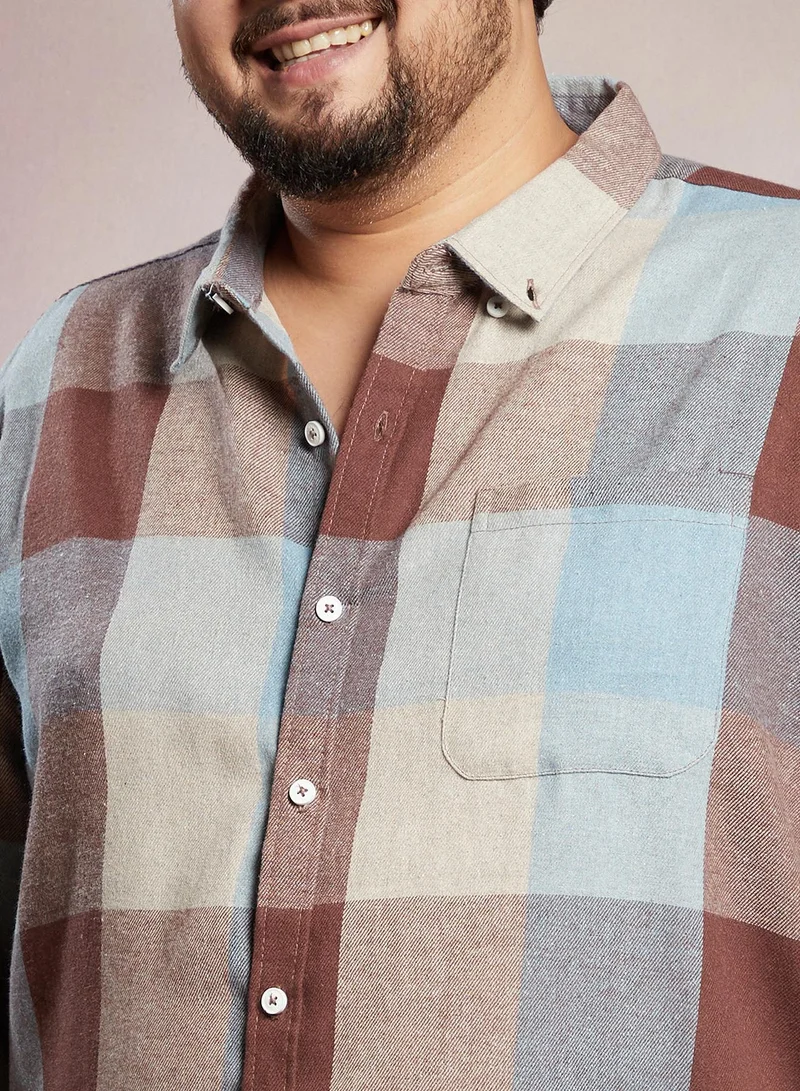 Instafab Plus Instafab Plus Men's Brown & Blue Buffalo-Block Regular Shirt For Casual Wear | Spread Collar | Long Cuffed Sleeves | Button Closure | Plus Size Shirt Crafted With Comfort Fit For Everyday Wear