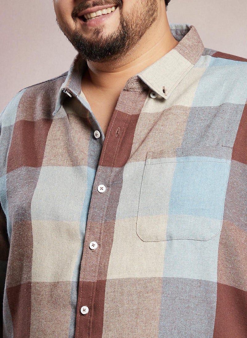Instafab Plus Men's Brown & Blue Buffalo-Block Regular Shirt For Casual Wear | Spread Collar | Long Cuffed Sleeves | Button Closure | Plus Size Shirt Crafted With Comfort Fit For Everyday Wear