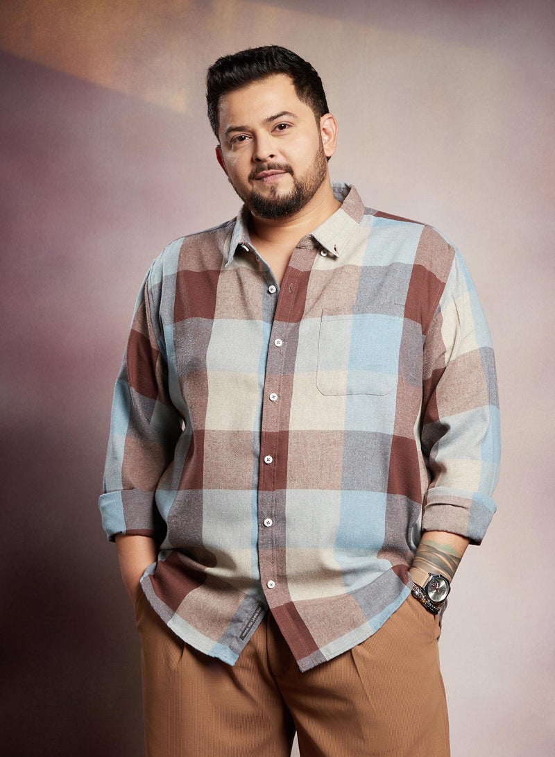 Instafab Plus Men's Brown & Blue Buffalo-Block Regular Shirt For Casual Wear | Spread Collar | Long Cuffed Sleeves | Button Closure | Plus Size Shirt Crafted With Comfort Fit For Everyday Wear