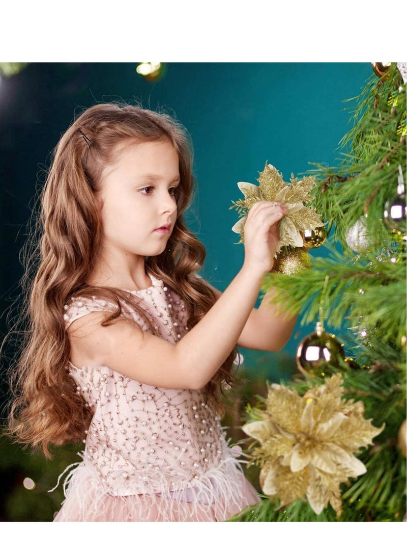 SYOSI Glitter Poinsettia Flowers Artificial, 12 Pcs Gold Decorations Tree Ornaments for Holiday/Seasonal/Wedding Party Wreath DIY Decors - Image 1