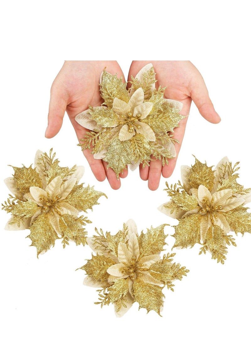 SYOSI Glitter Poinsettia Flowers Artificial, 12 Pcs Gold Decorations Tree Ornaments for Holiday/Seasonal/Wedding Party Wreath DIY Decors - Image 2