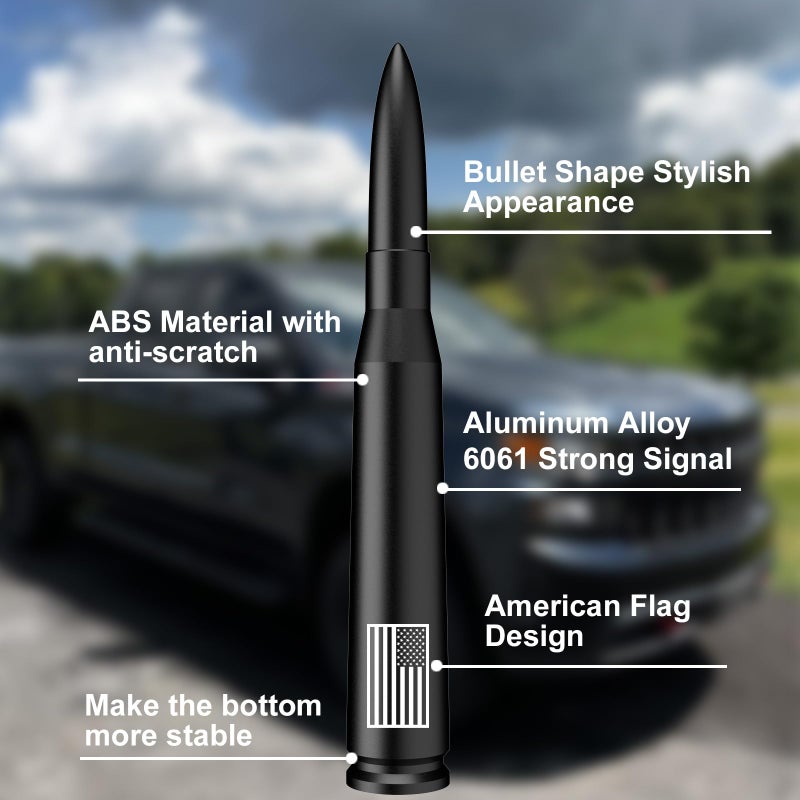 Engirette Car Truck Bullet Antenna with Tire Valve Caps American Flag Universal Short Replacement for GMC Sierra Chevy Silverado Dodge Ram 1500 2500 3500 Ford F150 F250 F350 Super Duty Accessories, Matte Black - Image 3