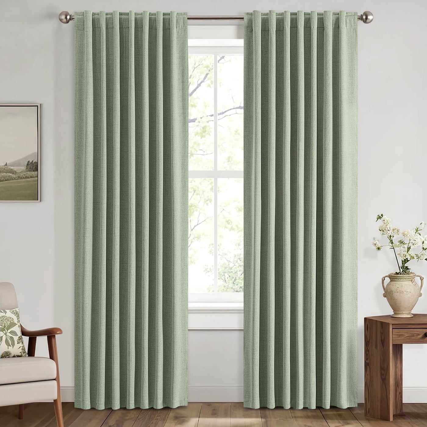 MIULEE 100% Blackout Linen Curtains for Bedroom, Sage Green Solid Luxury Decor Thermal Insulation Room Darkening Drapes for Living Room Back Tab Rod Pocket 42 x 84 Inches, 2 Panels