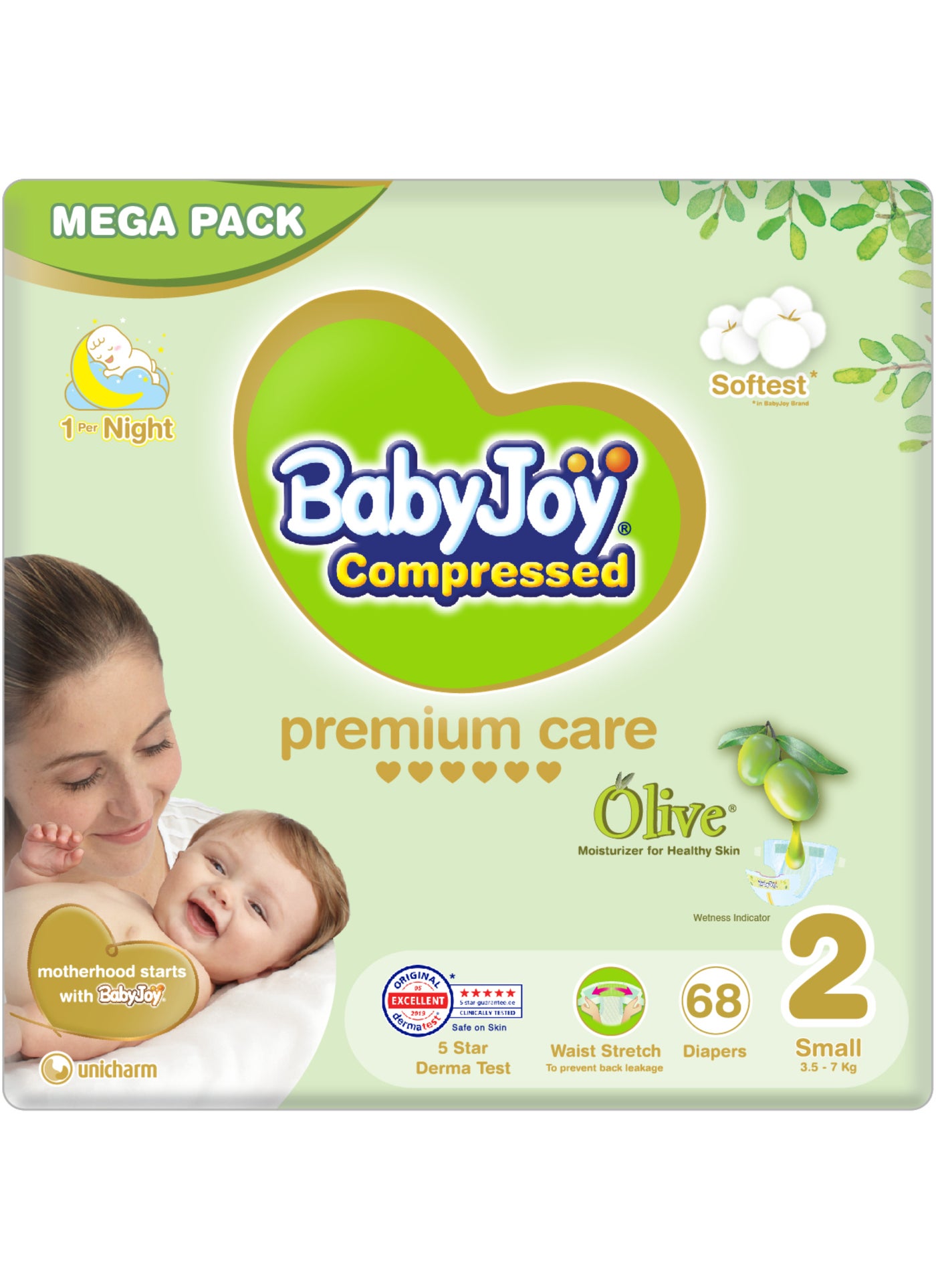 BabyJoy Olive Tape Diaper, Size 2, Small, 3.5-7 Kg, Mega Pack, 68 Diapers