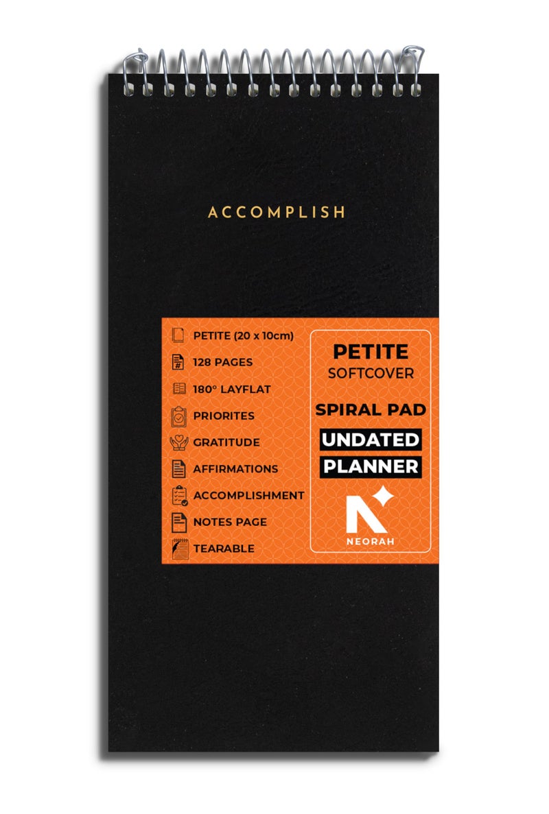 NEORAH—PETITE Daily To Do List Pad| 128 Pages | 20.0 x 10.0 cm| Daily + Hourly Split + Notes page|Durable Metal Spiral Desk Notepad + tear off sheets| Academics Planner, Office Work Planner (BLACK) - Image 1
