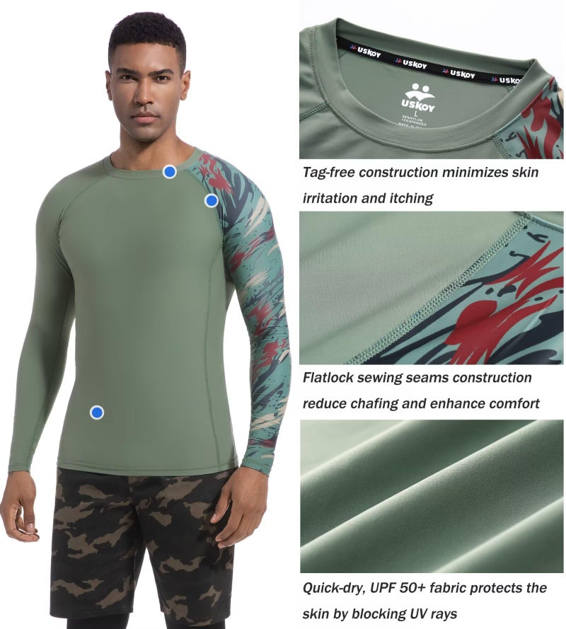 USKOY Men's Rash Guard Long Sleeve UPF 50+ Sun Protection Quick Dry Swim Shirt with Compression Fit for BJJ, Surfing & Gym Training Olive Camouflage 3X-Large - Image 3