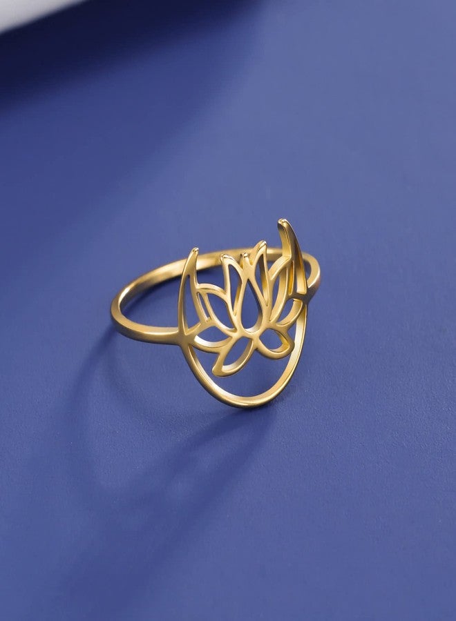 TEAMER Lotus Ring Stainless Steel Moon Lotus Ring Geometric Ring Simple Jewelry for Women (Gold, 9) - Image 4