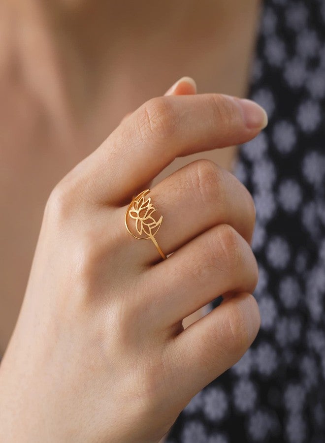 TEAMER Lotus Ring Stainless Steel Moon Lotus Ring Geometric Ring Simple Jewelry for Women (Gold, 9) - Image 2