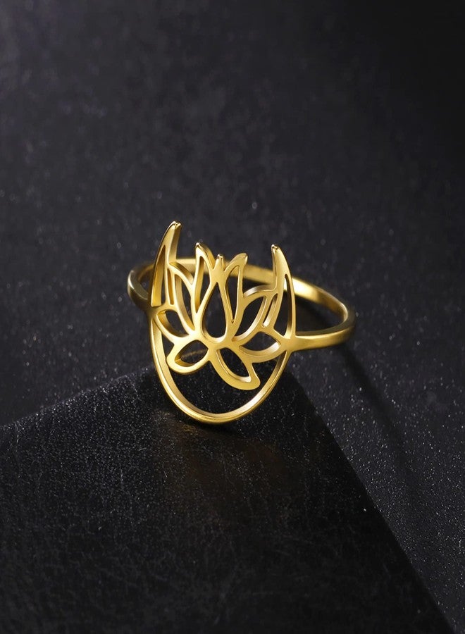 TEAMER Lotus Ring Stainless Steel Moon Lotus Ring Geometric Ring Simple Jewelry for Women (Gold, 9) - Image 3