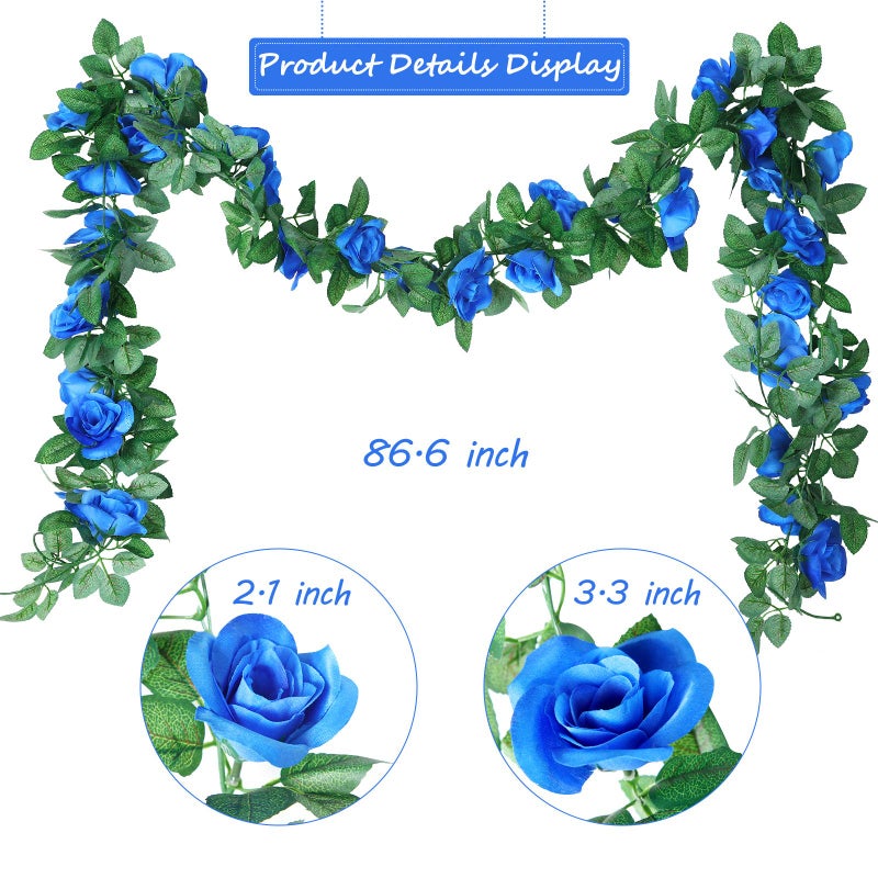 Syhood Artificial Rose Garlands Flower Garland Decorations Rose Vines Leaves Flower Vines Hanging Garlands Fake Rose Flower Vine Home Wedding Party Decor  14.4 ft (Royal Blue 2 Pieces) - Image 2