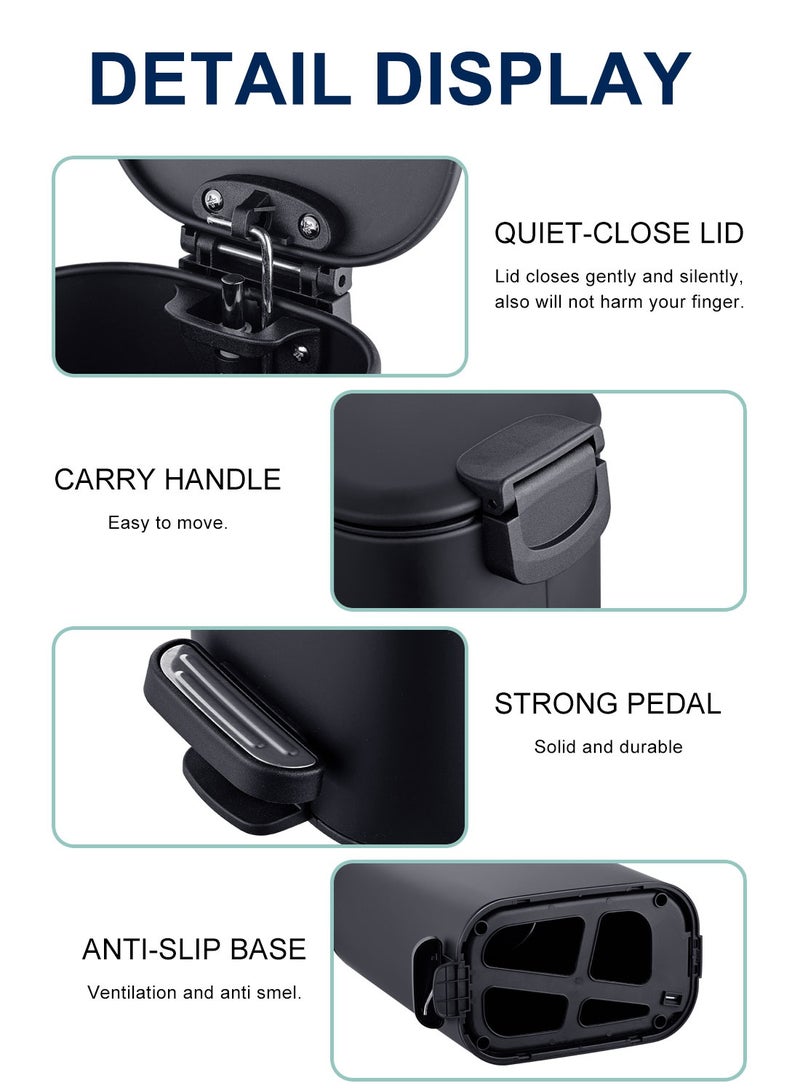 Noon East 8L Steel Trash Can with Soft Close Lid and Fingerprint-Resistant Surface for Kitchen, Bathroom, Black Matte, 15 x 28 x 34.9 cm - Image 3