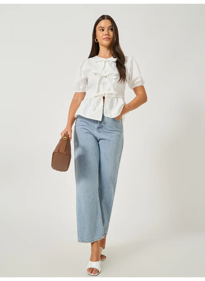 Styli Styli Plain Puff Sleeves Peplum Top with Tie Detail