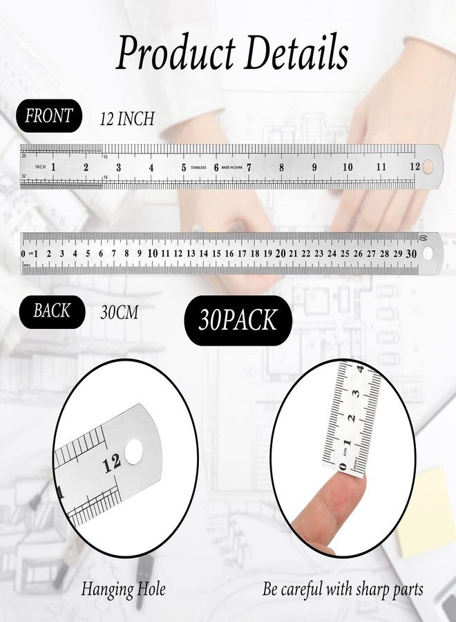 Macarrie 30-Piece Metal Ruler Set - 12 Inch Stainless Steel Rulers with Imperial & Metric Measurements, Etched Markers for School, Classroom, Home Office - Image 3