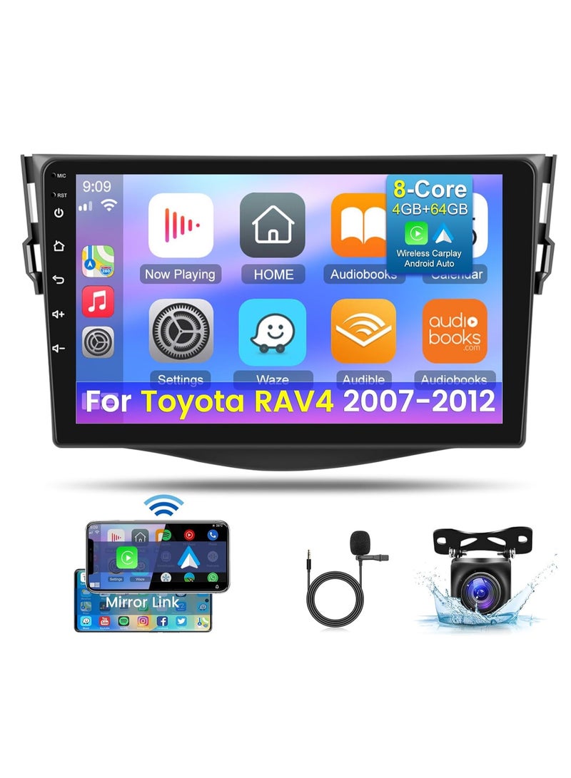[8 Core 4+64G] راديو سيارة يعمل بنظام Android لسيارة Toyota RAV4 2007-2012 مع Carplay اللاسلكي وAndroid Auto - شاشة تعمل باللمس IPS 1280 * 720 مقاس 9 بوصات - DSP 32EQ / WiFi/GPS/SWC + كاميرا احتياطية AHD - Image 1