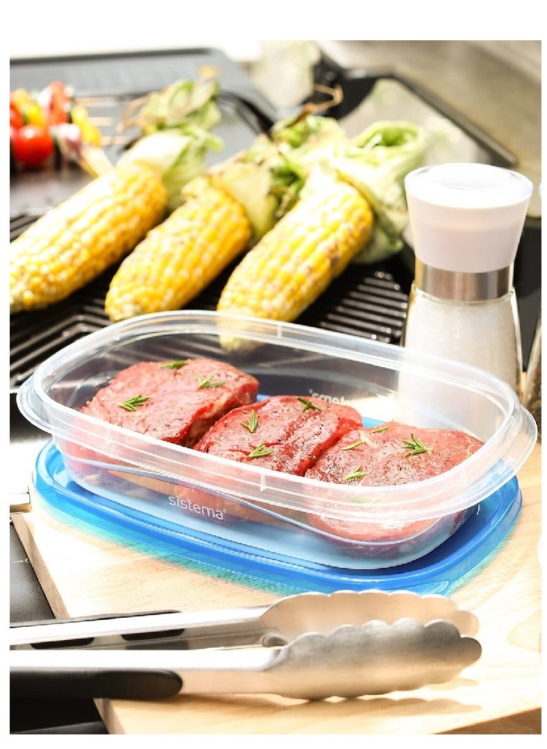 sistema - Sistema Takealongs 950ML Stackable Rectrangular food storage, clear with blue lid, pack of 3, Phthalate & BPA Free, Microwave and dishwasher safe. - Image 1