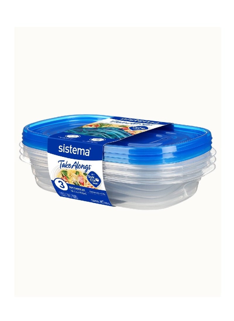 sistema - Sistema Takealongs 950ML Stackable Rectrangular food storage, clear with blue lid, pack of 3, Phthalate & BPA Free, Microwave and dishwasher safe. - Image 1