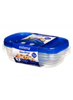 sistema Sistema Takealongs 950ML Stackable Rectrangular food storage, clear with blue lid, pack of 3, Phthalate & BPA Free, Microwave and dishwasher safe.  - Image 1