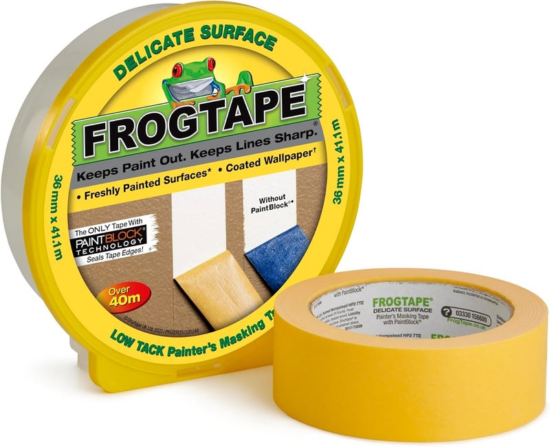 FrogTape Frog Tape Yellow Delicate Surface Painters Masking Tape 36mm x 411m Indoor painting and decorating for sharp lines and no paint bleed  - Image 1