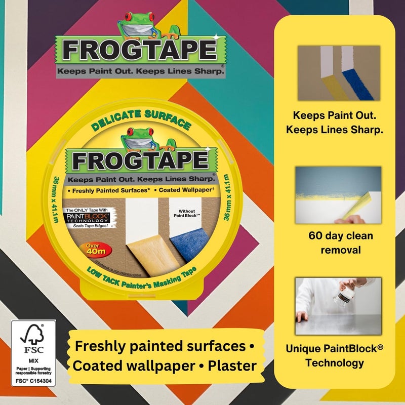 FrogTape Frog Tape Yellow Delicate Surface Painters Masking Tape 36mm x 411m Indoor painting and decorating for sharp lines and no paint bleed  - Image 2