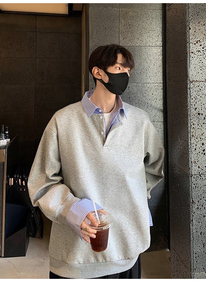 Fake Two-piece Contrasting Color Splicing Shirt Collar Sweatshirt For Men And Women In Autum Long-sleeved Lapel Loose Couple Design Tops - Image 5