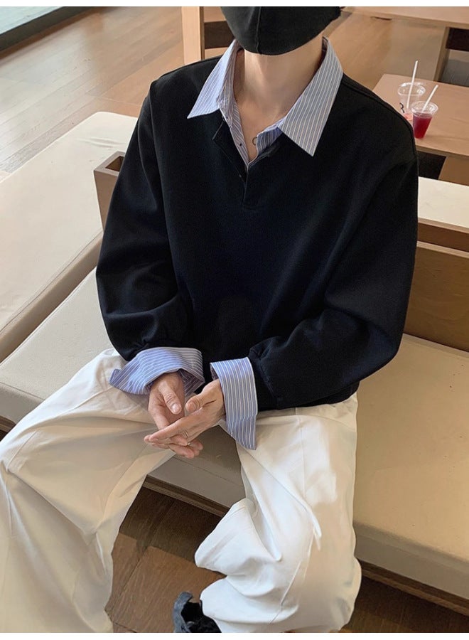 Fake Two-piece Contrasting Color Splicing Shirt Collar Sweatshirt For Men And Women In Autum Long-sleeved Lapel Loose Couple Design Tops - Image 2