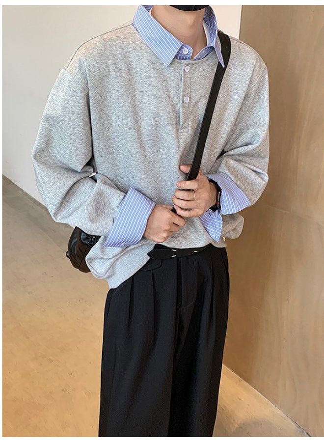 Fake Two-piece Contrasting Color Splicing Shirt Collar Sweatshirt For Men And Women In Autum Long-sleeved Lapel Loose Couple Design Tops - Image 4