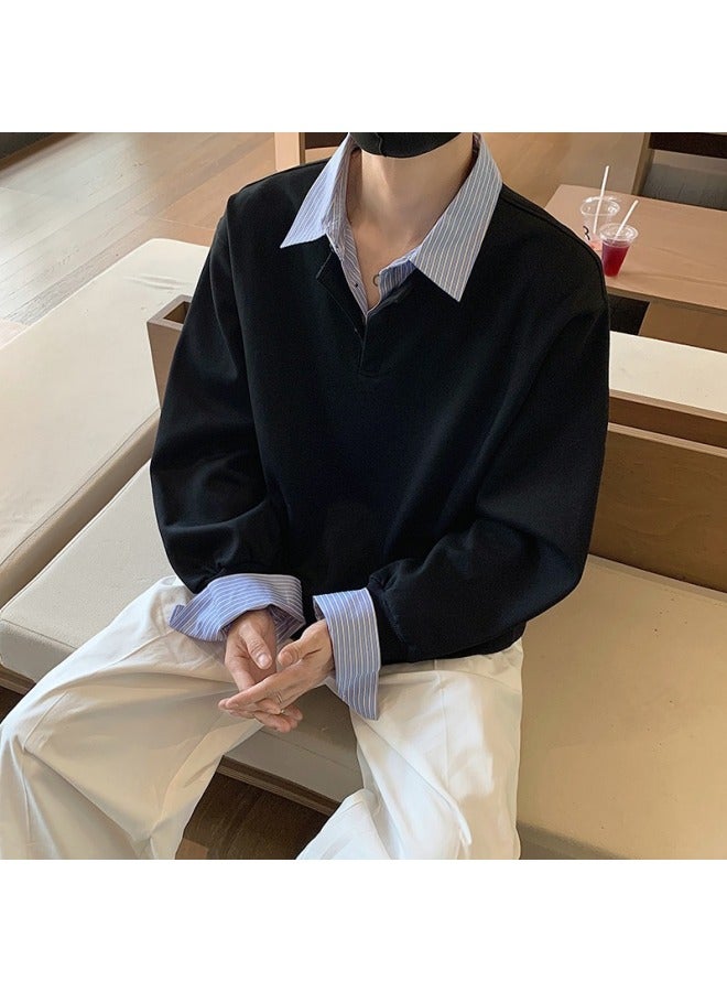 Fake Two-piece Contrasting Color Splicing Shirt Collar Sweatshirt For Men And Women In Autum Long-sleeved Lapel Loose Couple Design Tops - Image 1