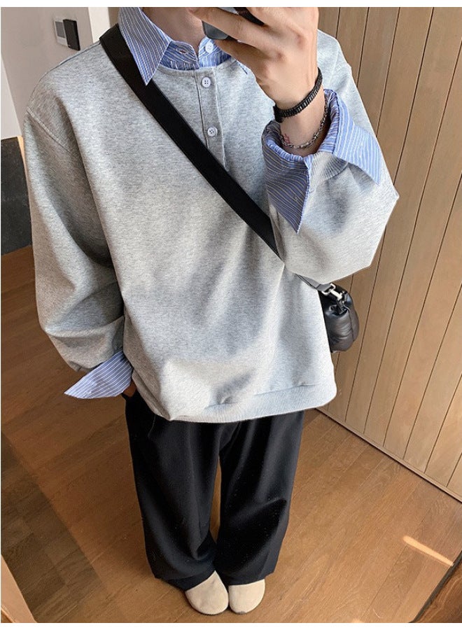 Fake Two-piece Contrasting Color Splicing Shirt Collar Sweatshirt For Men And Women In Autum Long-sleeved Lapel Loose Couple Design Tops - Image 3