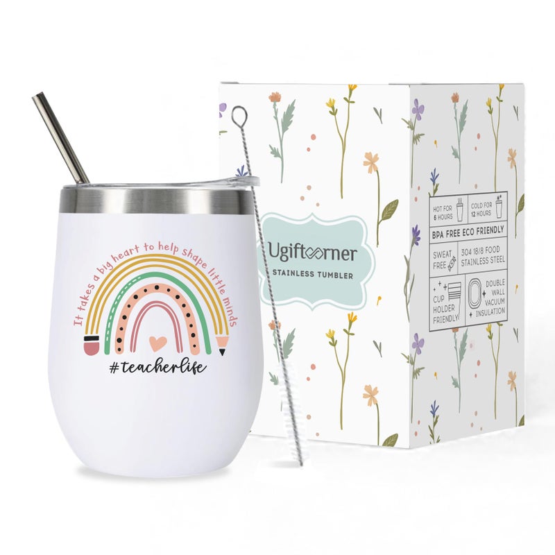 Ugiftcorner Teacher Tumbler Teacher Appreciation Gifts Thank You Graduation Christmas Birthday Thanksgiving Gifts for Women Stainless Steel Wine Tumbler Cup White 12 oz