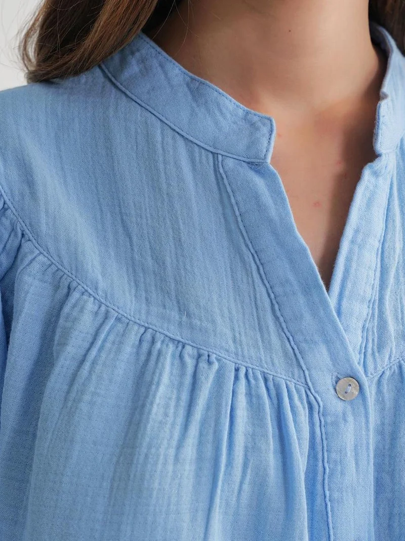 Mixray Baby Blue Mixray Cotton Mandarin Collar Button Shirt for Women | Best Price UAE