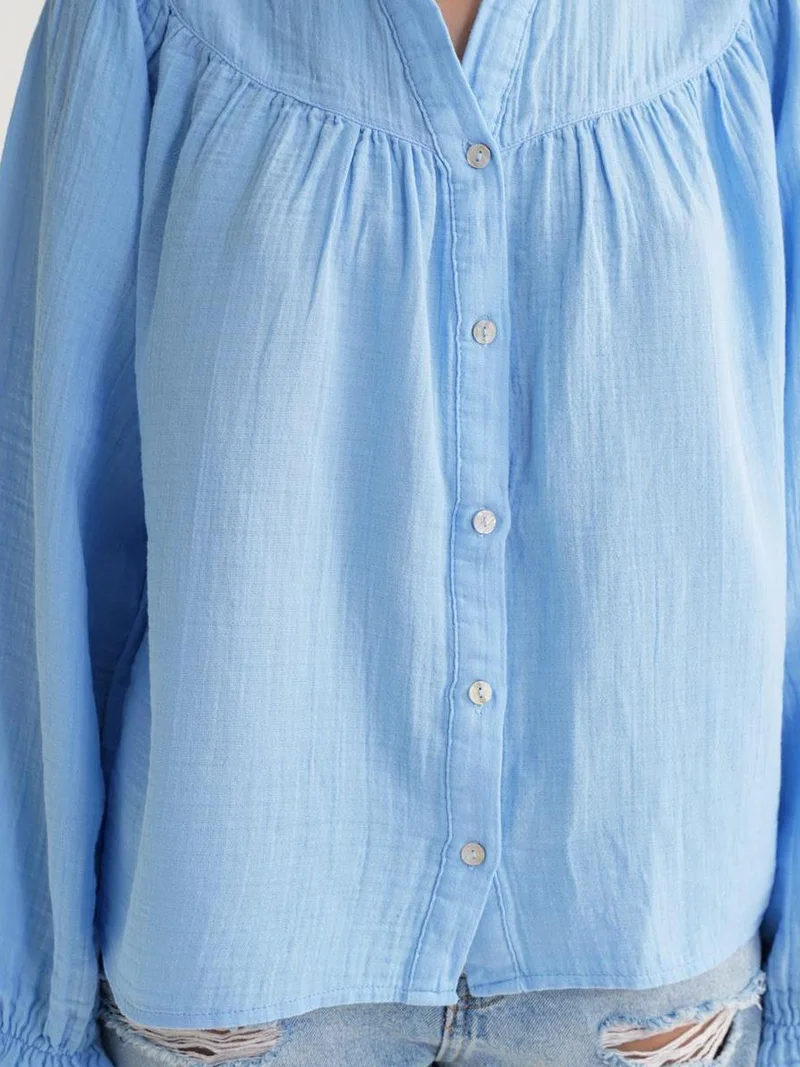 Mixray Baby Blue Mixray Cotton Mandarin Collar Button Shirt for Women | Best Price UAE