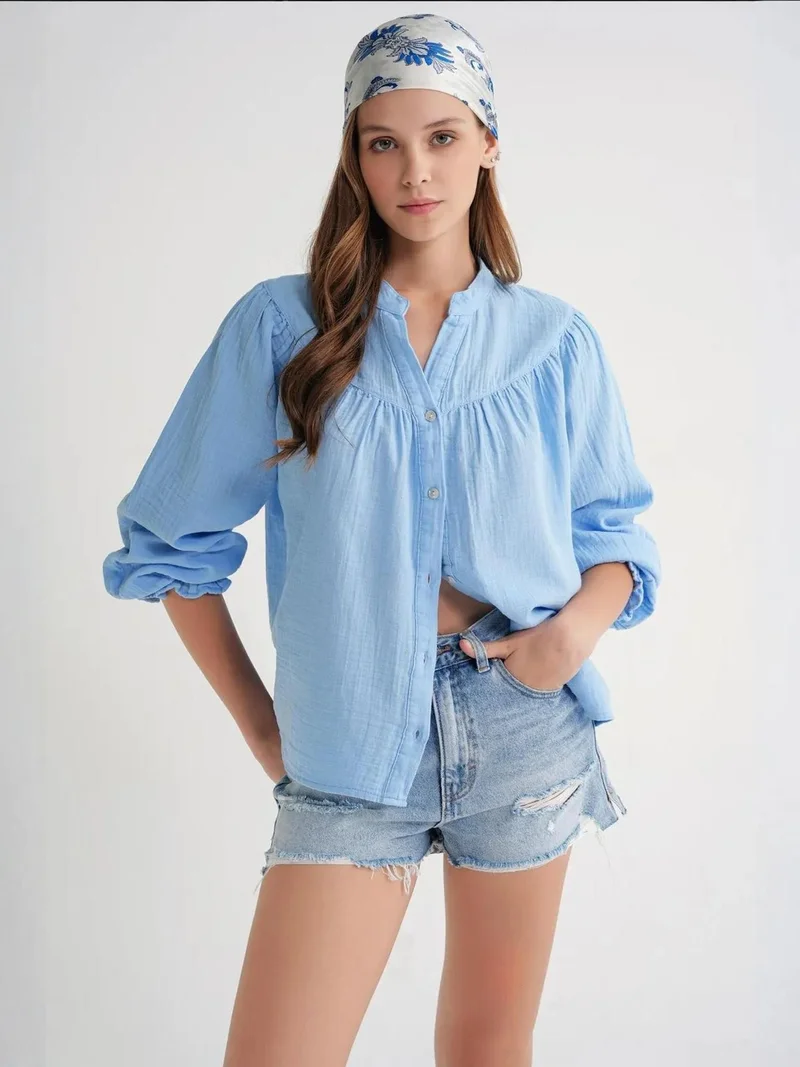 Mixray Baby Blue Mixray Cotton Mandarin Collar Button Shirt for Women | Best Price UAE