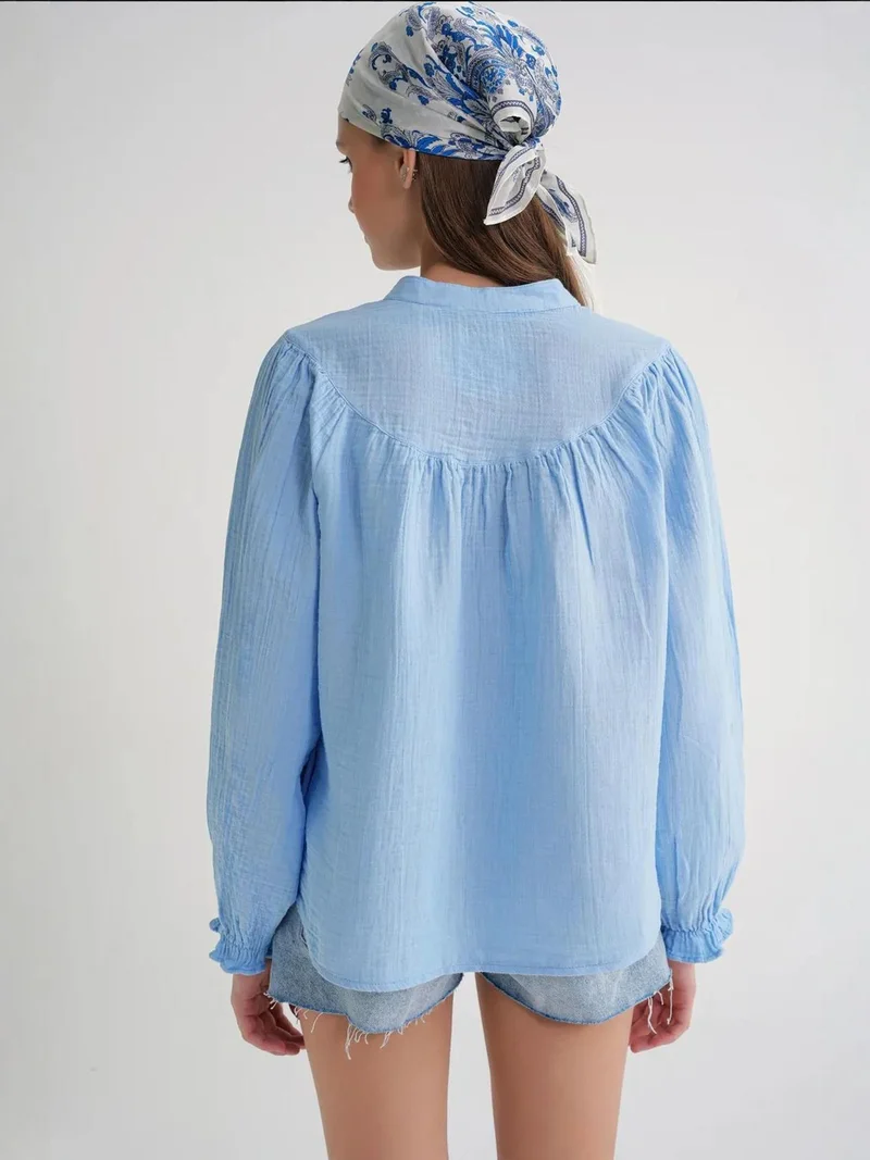 Mixray Baby Blue Mixray Cotton Mandarin Collar Button Shirt for Women | Best Price UAE