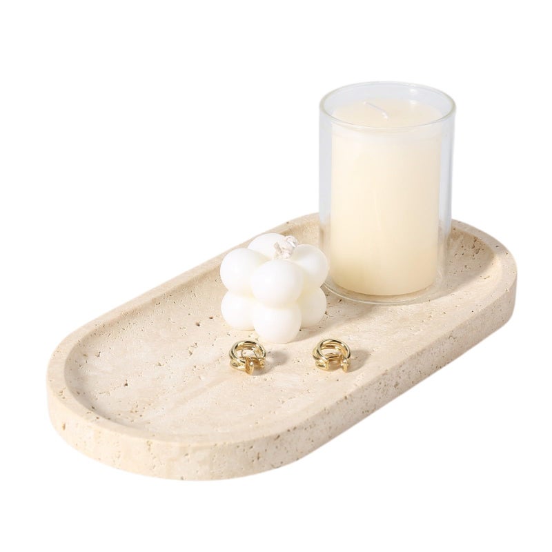 Koville Natural Marble Tray for Bathroom Counter, 10" x 5" Travertine Marble Storage Trays for Perfume, Cosmetics, Jewelry, Vanity Tray Stone Trays for Home, Decorative Tray for Dresser Organizer - Image 1