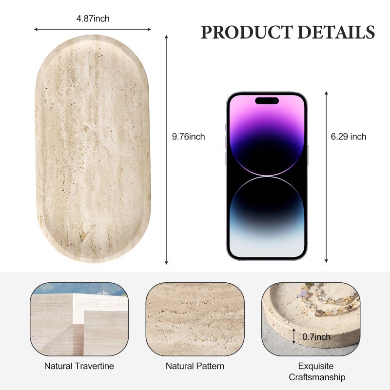 Koville Natural Marble Tray for Bathroom Counter, 10" x 5" Travertine Marble Storage Trays for Perfume, Cosmetics, Jewelry, Vanity Tray Stone Trays for Home, Decorative Tray for Dresser Organizer - Image 2