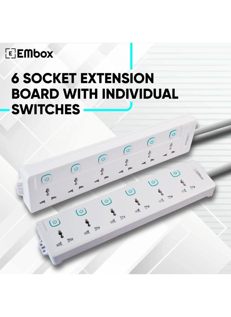 EMBOX EMBOX 10A Extension Board with Individual SwitchMulti Plug Socket with 6 SocketsPower Strip Extension with Safety Shutter and Indicator5 Meter Extension Cord2500W 6 Socket 5 Meter Cable  - Image 2