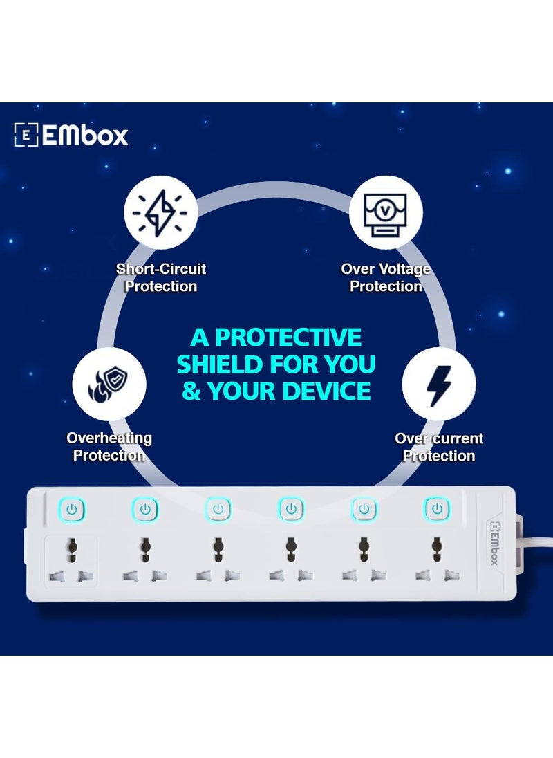 EMBOX EMBOX 10A Extension Board with Individual SwitchMulti Plug Socket with 6 SocketsPower Strip Extension with Safety Shutter and Indicator5 Meter Extension Cord2500W 6 Socket 5 Meter Cable  - Image 3