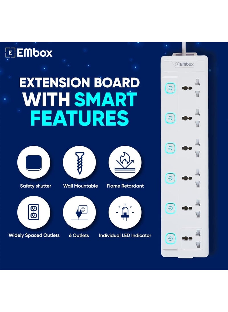EMBOX EMBOX 10A Extension Board with Individual SwitchMulti Plug Socket with 6 SocketsPower Strip Extension with Safety Shutter and Indicator5 Meter Extension Cord2500W 6 Socket 5 Meter Cable  - Image 4