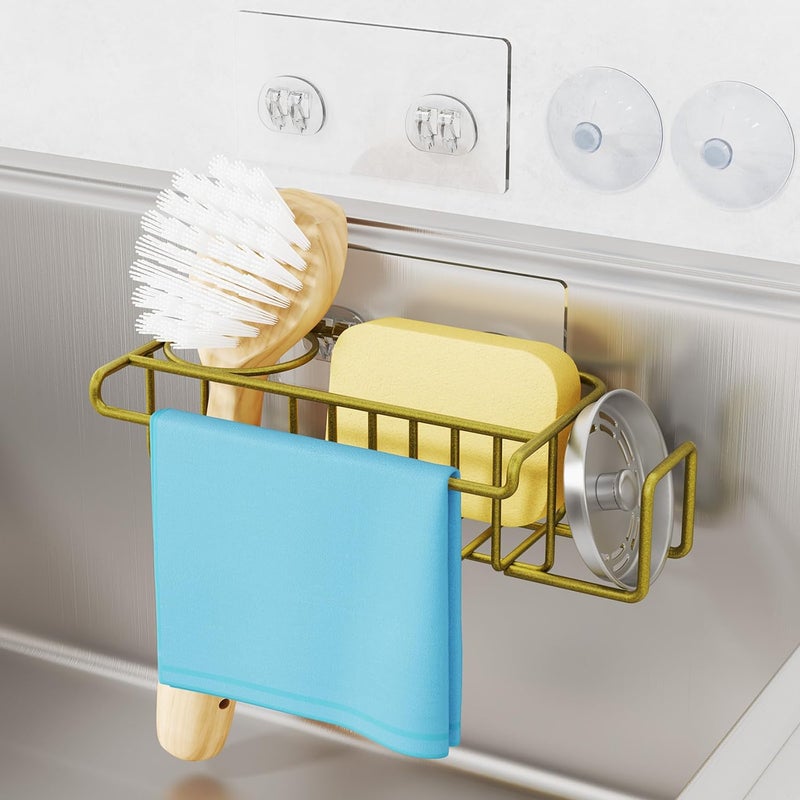 HapiRm Sponge Holder for Kitchen Sink, No Drill Sink Caddy Kitchen Sink Organizer, Rustproof Sink Sponge Holder- Gold(8.65 * 3.54 * 2.36in) - Image 1