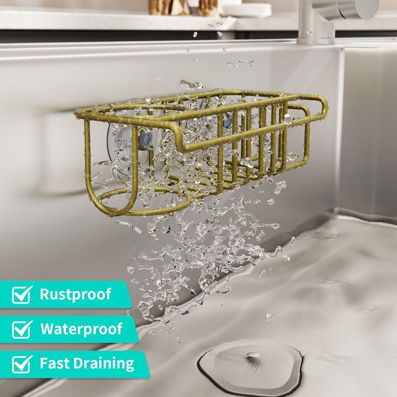 HapiRm Sponge Holder for Kitchen Sink, No Drill Sink Caddy Kitchen Sink Organizer, Rustproof Sink Sponge Holder- Gold(8.65 * 3.54 * 2.36in) - Image 3