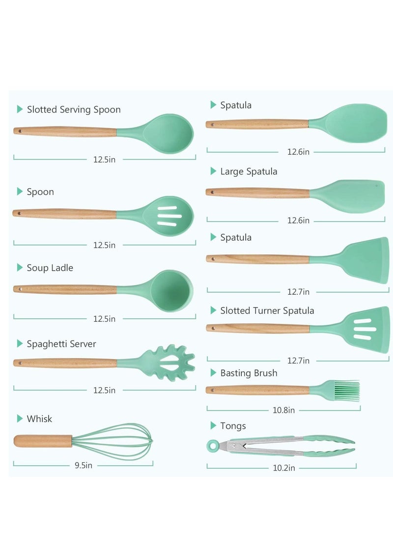 توشيونيكس 12 قطعة سيليكون الطبخ أواني المطبخ مجموعة مقاومة للحرارة غير سامة خالية من BPA مقابض خشبية أدوات مجموعة أدوات لأدوات الطهي غير لاصقة - Image 2