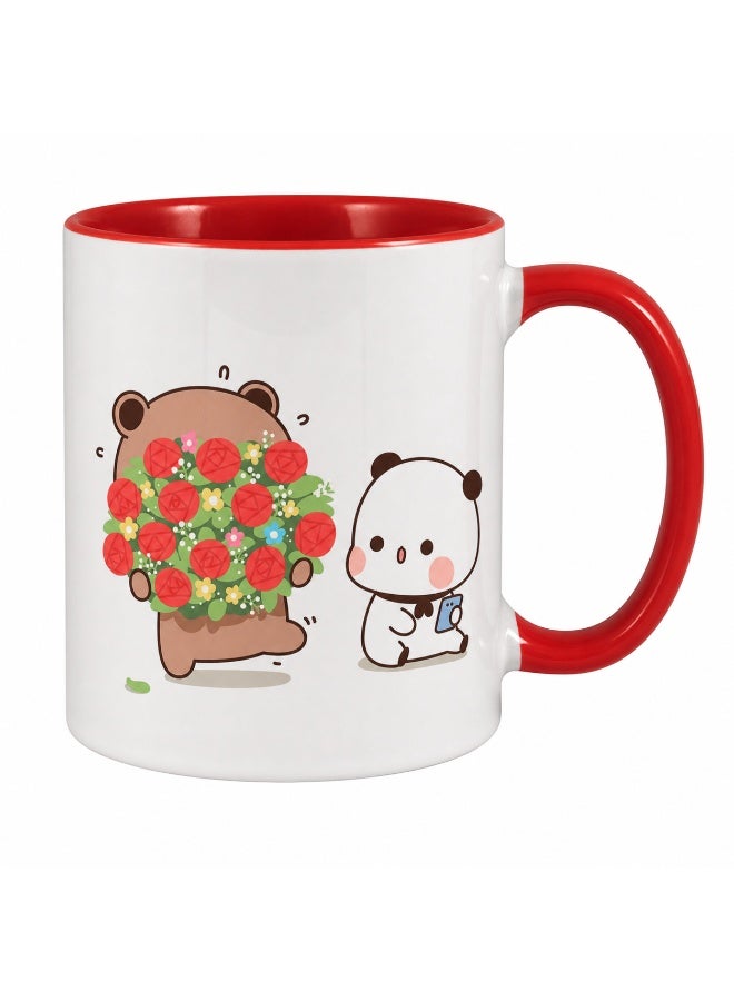 Bickerbond Cute Bubu and Dudu Romantic Floral Coffee Mug - Two-Tone Ceramic Cup with Red Handle & Inner - 11oz Kawaii Rose Bouquet Tea Mug for Valentine’s Day, Anniversary & Gifting - White/Red - Image 1