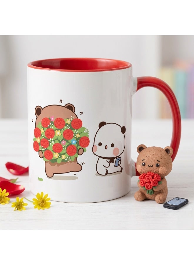 Bickerbond Cute Bubu and Dudu Romantic Floral Coffee Mug - Two-Tone Ceramic Cup with Red Handle & Inner - 11oz Kawaii Rose Bouquet Tea Mug for Valentine’s Day, Anniversary & Gifting - White/Red - Image 2