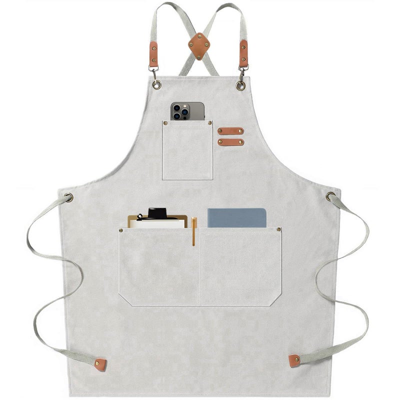 AFUN Chef Aprons for Men Women with Large Pockets, Cotton Canvas Cross Back Heavy Duty Adjustable Work Apron, Size M to XXL(Beige) - Image 1