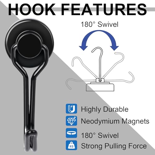 E BAVITE Swivel Swing Magnetic Hooks,30LB（20pack） Black Refrigerator Magnet Hook,Strong Neodymium Magnets Perfect for Refrigerator and Other Surfaces, 60mm(2.36In) in Length - Image 4