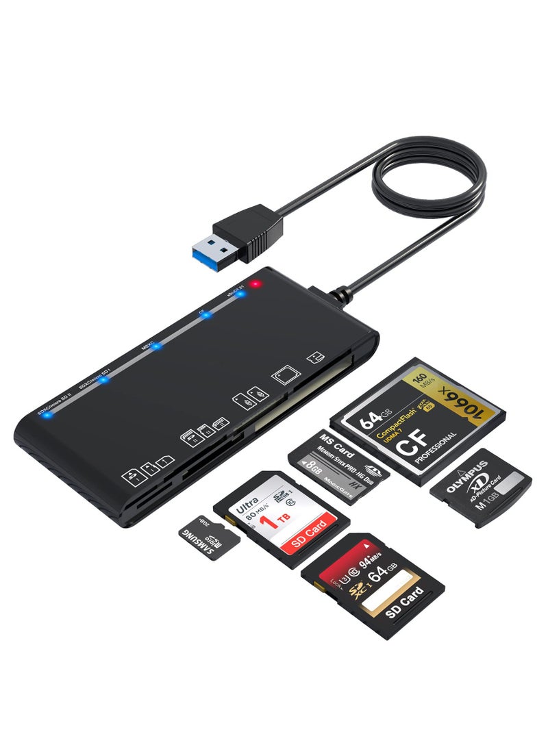 قارئ بطاقات الذاكرة USB 3.0 7 في 1 - محول بطاقات متعددة عالي السرعة 5 جيجابت في الثانية لبطاقات SD وSDXC وSDHC وCF وTF وMicro SD وMS وMMC - متوافق مع أنظمة Windows وMac OS وLinux. - Image 1