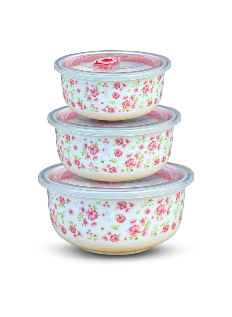 Ceramic 3-Piece Bowl Set with Airtight Lids – Floral Design No. 4 – Prep, Store, and Serve – Ideal for Soups, Salads, Fruits, and More - Image 1